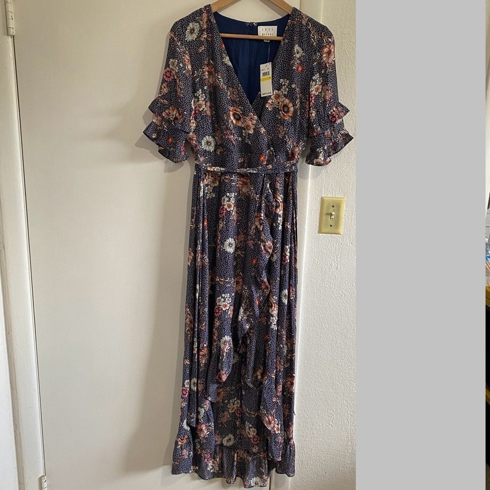 Lost + Wander Navy Floral Maxi Dress Size M NWT MSRP $145 Ruffle Wrap Feminine